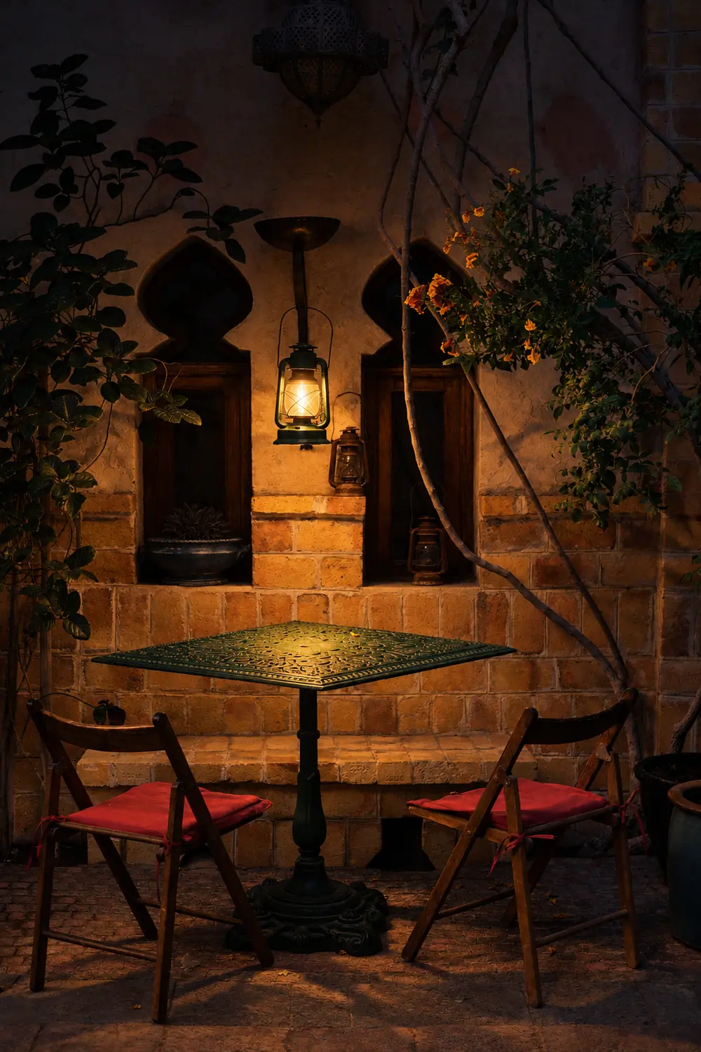 Patio con arcos de sillar iluminado por un farol